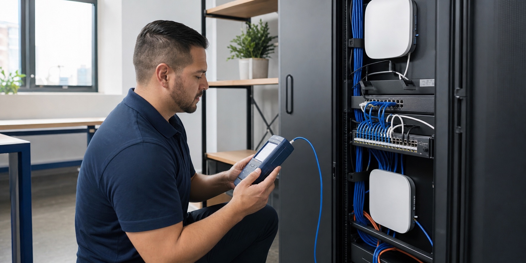 Blue Raven IT technician testing organized business network equipment