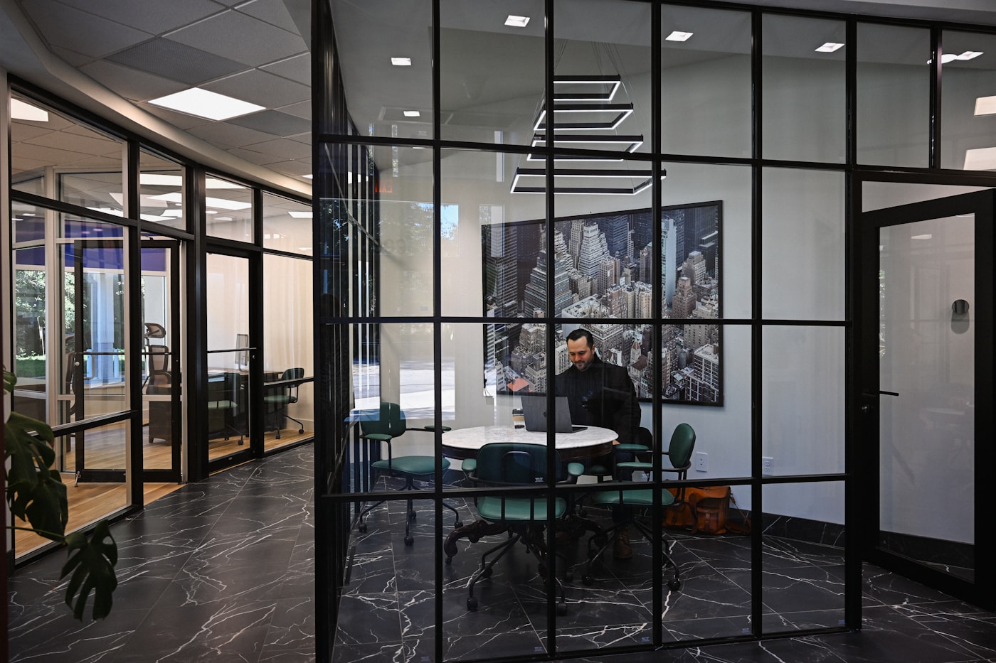 A business professional working in a bright modern office